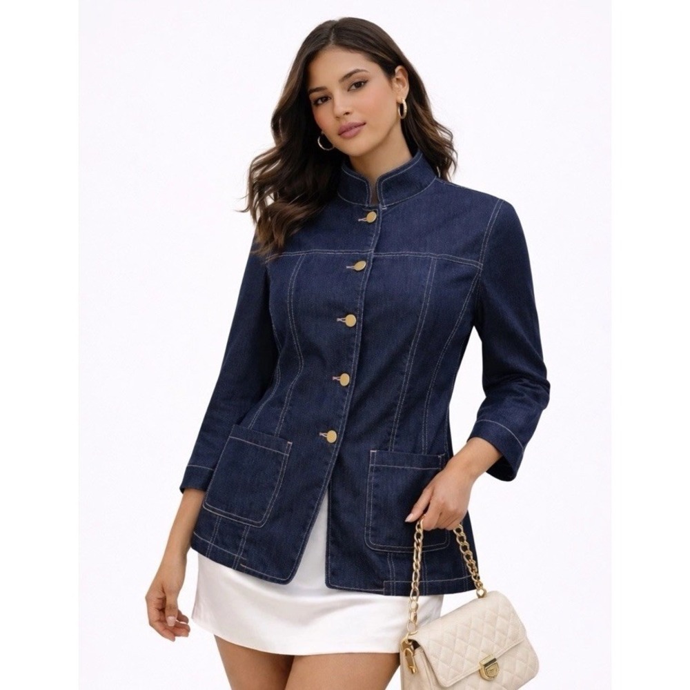 Versailles Dark Denim Jacket Womens Size 16 Gold Buttons Old Money Minimal Chic